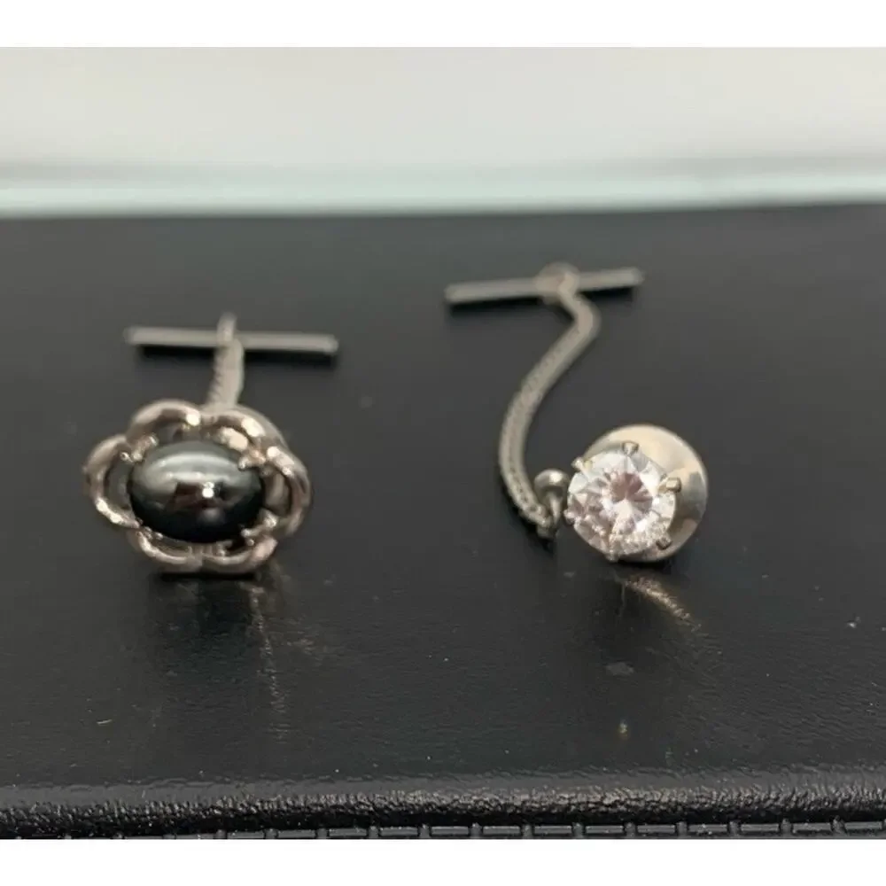 Vintage Lot Of 2 Silver Tone Tie Tacks One Hematite & One Clear Rhinestone